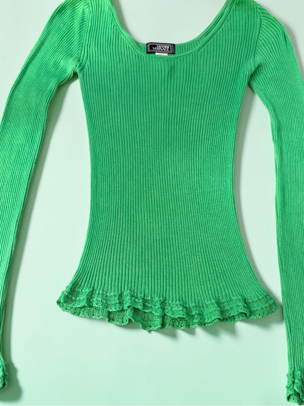 EUC- Versace Bright Green Ribbed Long-Sleeve Scoop Neck Top - Picture 2 of 4